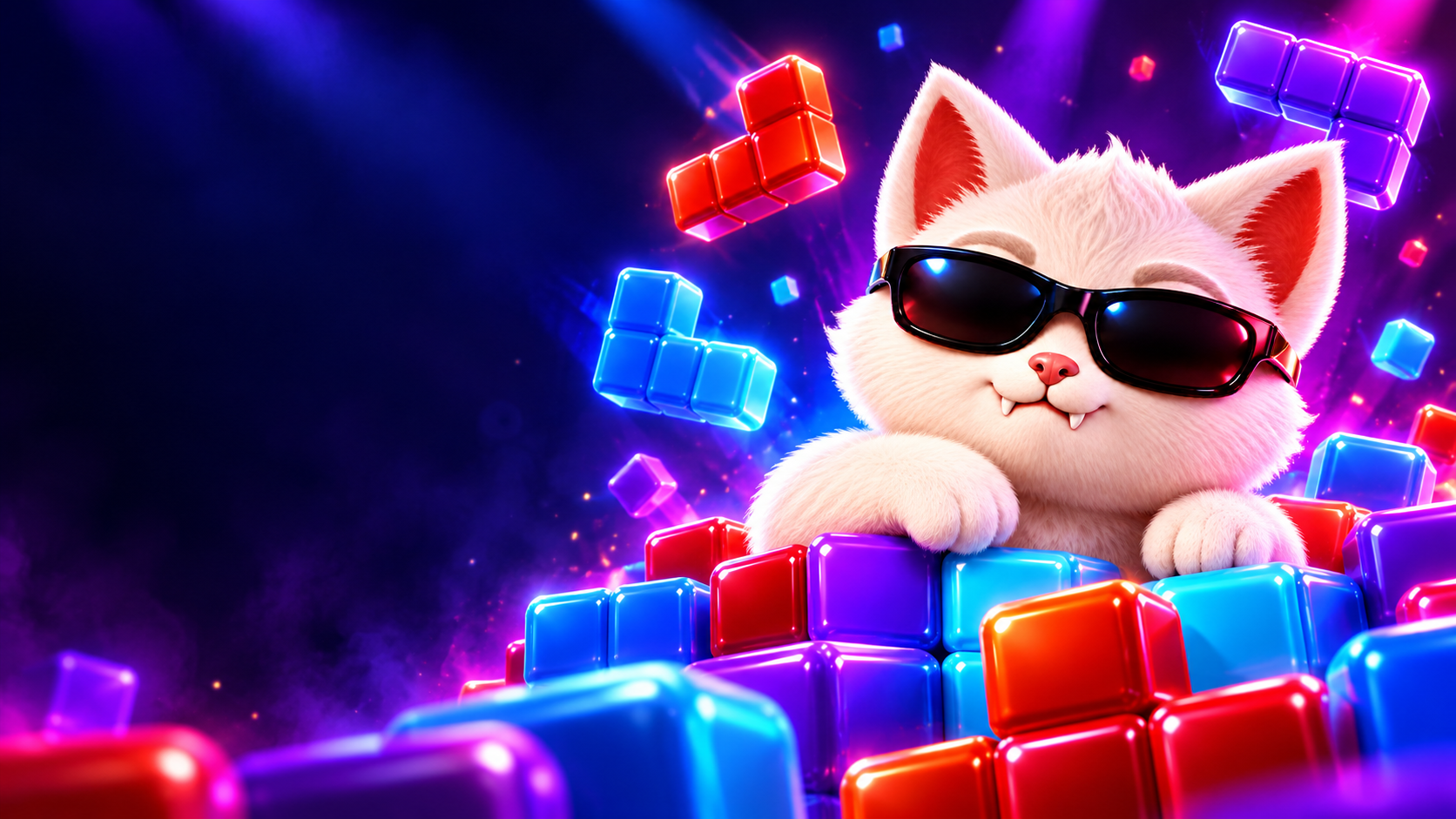 Lakkazi the white vampire kitten in sunglasses surrounded by glowing purple, blue and red puzzle blocks
